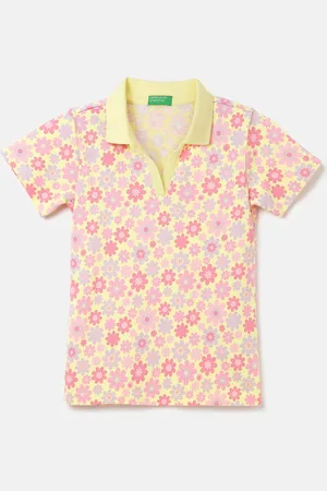 Benetton Girls Floral Printed Polo Collar Pure Cotton Pockets T-shirt