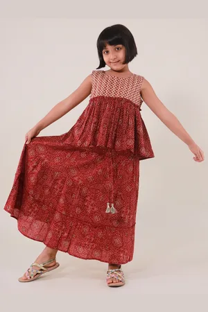 Sangria Girls Maroon Printed Pure Cotton Lehenga With Blouse
