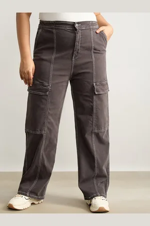 FREAKINS Women Plus Size Straight Fit High-Rise Clean Look Pure Cotton Cargo Jeans