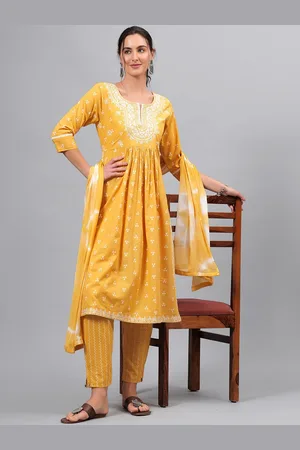 JC4U Floral Printed Round Neck Chikankari Pure Cotton Kurta with Trousers & Dupatta