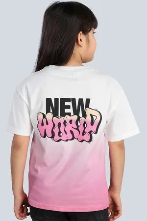 3 PIN Girls Typography Printed Drop-Shoulder Sleeves Applique T-shirt