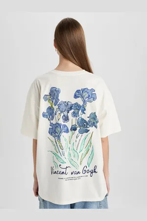 DeFacto Women Floral Printed Polo Collar Drop-Shoulder Sleeves T-shirt