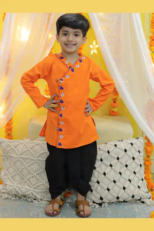 BownBee Boys Ethnic Yoke Design Angrakha Thread Work Pure Cotton Kurta with Dhoti Pants