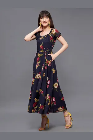 all about you Navy Blue Floral Printed Georgette Flared Midi Dress