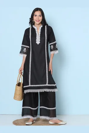Bhama Couture Floral Embroidered Thread Work Pure Cotton Straight Kurta With Palazzo