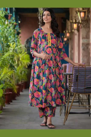 Aujjessa Floral Printed Pure Cotton Maternity Feeding Kurta with Trousers