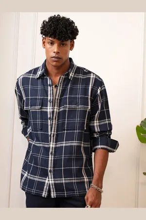 LocoMotive Men Premium Mocklino Dobby Textured Checked Oversized Overshirt