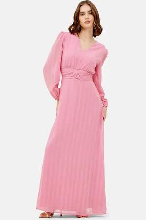 Kazo Striped Puff Sleeves Satin Maxi Dress