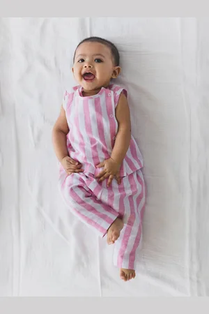 Tiber Taber Infants Striped Round Neck Sleeveless Pure Cotton Top with Trousers