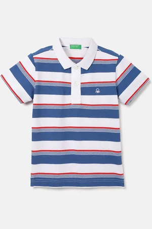 Benetton Boys Striped Polo Collar Pure Cotton Pockets T-shirt