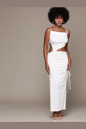 Bebe Soft Romance Asymmetric Cut-Out Ruched Maxi Dress