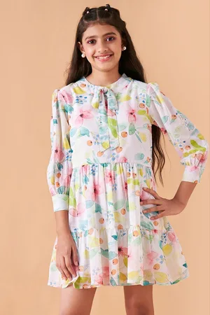 Cherry & Jerry Girls Floral Print Tie-Up Neck Puff Sleeve Fit & Flare Dress