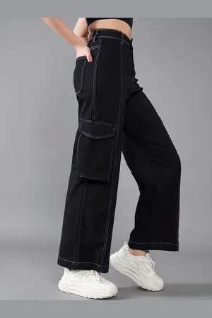 DOLCE CRUDO Women Wide Leg High-Rise Clean Look Stretchable Cargo Jeans