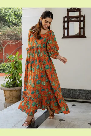 Janasya Floral Printed Puff Sleeve Cotton Maxi Dress