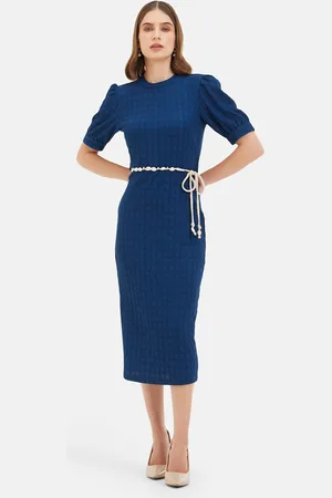 Kazo Round Neck Puff Sleeves Cotton Bodycon Midi Dress