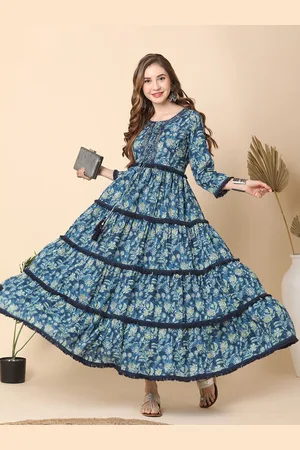 Globus Women Embroidered Yoke Allover Floral Print Fringe Detail Fit & Flare Maxi Dress