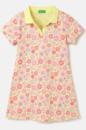 Benetton Girls Floral Printed Shirt Collar Pure Cotton T-shirt Dress