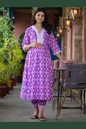 Aujjessa Printed Thread Work Pure Cotton Maternity Feeding Kurta with Harem Pants