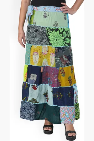 Exotic India Blue Elixir Pure Cotton Printed Patch Work Long Boho Wrap-On Long Skirt