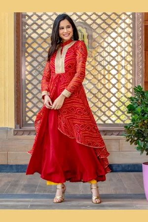 HOUSE OF JAMOTI Bandhani Printed Mandarin Collar Georgette Anarkali Kurta with Palazzo