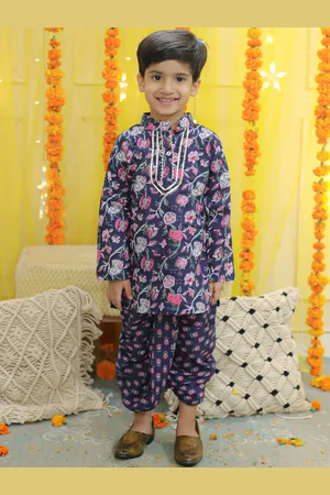 BownBee Boys Floral Printed Regular Gotta Patti Pure Cotton Kurta with Dhoti Pants