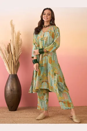 InWeave V-Neck Abstract Printed Regular A-Line Kurta with Trousers