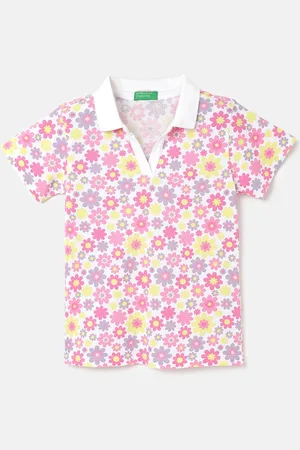 Benetton Girls Floral Printed Polo Collar Pure Cotton T-shirt