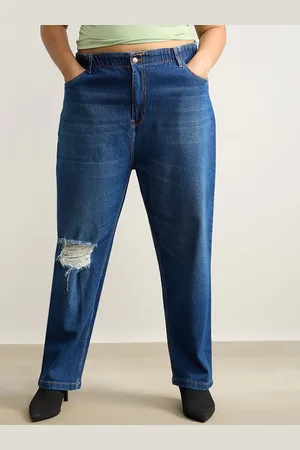FREAKINS Women Plus Size Mom Fit High-Rise Low Distress Light Fade Pure Cotton Jeans
