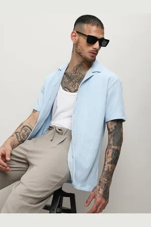 Campus Blue Classic Textured Cuban Collar Short Sleeves Casual Shirt