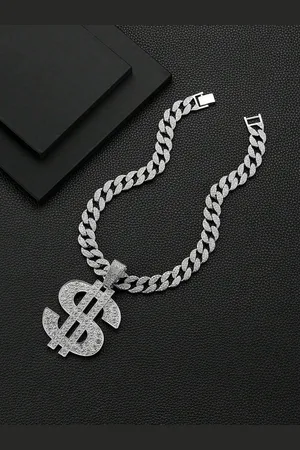 FIMBUL Men Silver-Plated Rhinestone Studded Hip Hop Style Dollar Sign Pendant with Chain