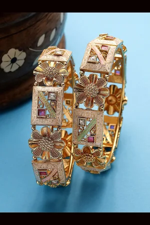 karatcart Set of 2 Gold-Plated Stones Studded Floral Designed Bangles