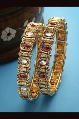 karatcart Set of 2 Gold Plated Kundan Studded Bangles