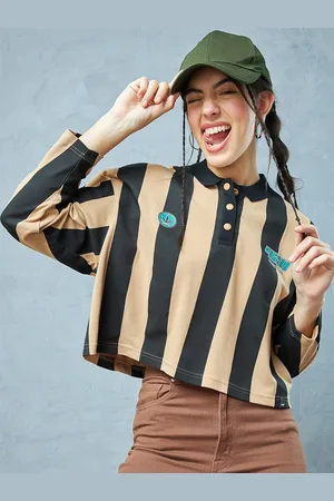 Bewakoof Striped Polo Collar Drop-Shoulder Sleeves Oversized Pure Cotton T-shirt