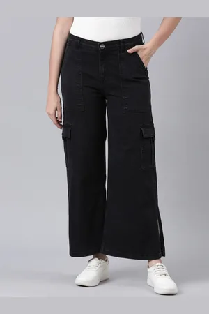 Mast & Harbour Women Black Wide Leg Side Slit Stretchable Cargo Jeans