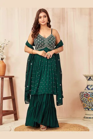 CHANSI Floral Embroidered Pleated Thread Work Kurti with Sharara & Dupatta