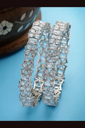 karatcart Silver Plated Set Of 2 American Diamond Studded Bangles