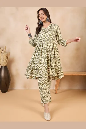 InWeave Ethnic Motifs Printed V-Neck Anarkali Pleated Kurta with Trousers