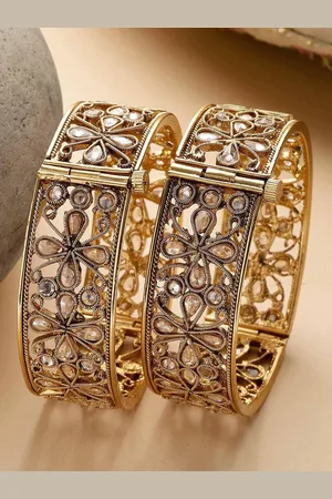 karatcart Set Of 2 Gold Plated Kundan Studded Antique Bangles