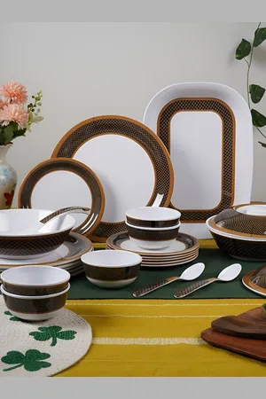 Aura White & Red 46 Pieces Border Printed Glossy Melamine Dinner Set