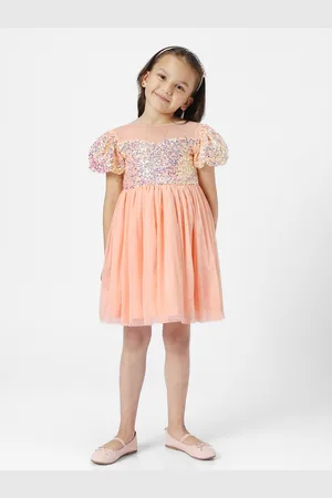 Nauti Nati Girls Embellished Puff Sleeves Net Fit and Flare Dress