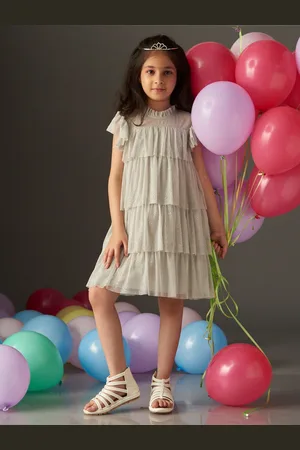 KidsDew Girls Embellished Flutter Sleeves Net A-Line Dress