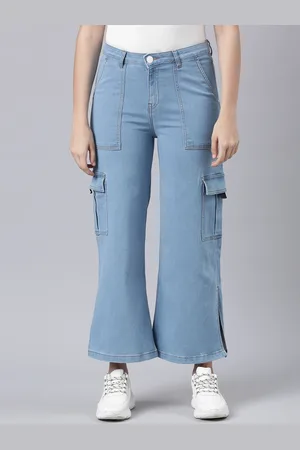 Mast & Harbour Women Blue Wide Leg Stretchable Cargo Jeans