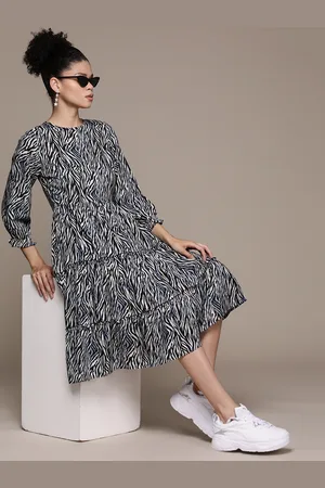 Roadster Animal Print Bishop Sleeve Ruffled A-Line Dress