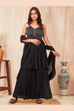CHANSI Floral Embroidered Shoulder Straps Pleated Sequinned Kurta with Sharara & Dupatta