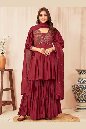 CHANSI Ethnic Motifs Embroidered V-Neck Sequinned Kurti with Sharara & Dupatta