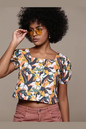 Roadster Print Puff Sleeves Cotton Blouson Crop Top