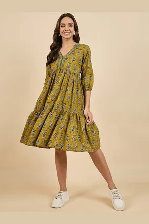 Azira Floral Printed Puff Sleeves Cotton Empire Dress