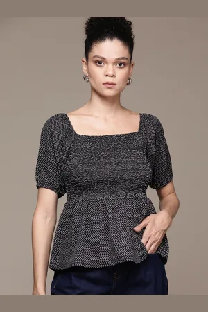 Roadster Abstract Print Puff Sleeve Crepe Peplum Top