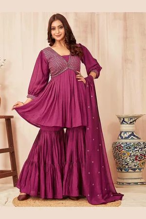 CHANSI Floral Embroidered V-Neck Pleated Sequinned Kurti with Sharara & Dupatta