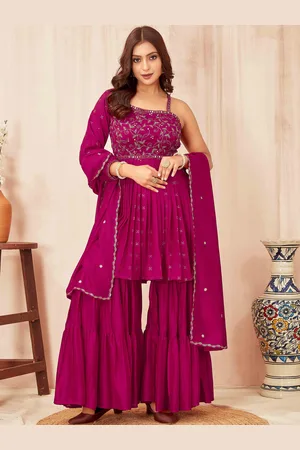 CHANSI Ethnic Motifs Embroidered Pleated Thread Work Kurti With Sharara & Dupatta